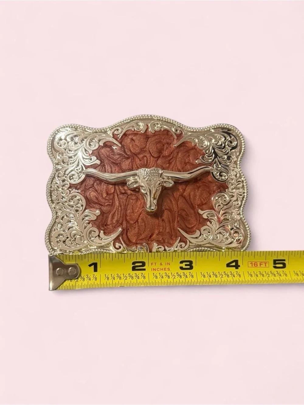 Decorative Longhorn Belt Buckle in Copper and Silver